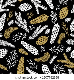 Christmas seamless pattern with white and brown fir tree and cones on black background. Vector illustration.