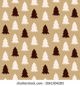 Christmas seamless pattern of white and brown small  silhouette Christmas trees on brown kraft paper. Modern minimal hand drawn vector illustration