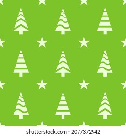 Weihnachtsnahtloses Muster. Weiße, farbige Weihnachtsbaumsymbole und Sterne auf grünem Hintergrund. Weihnachtsstruktur