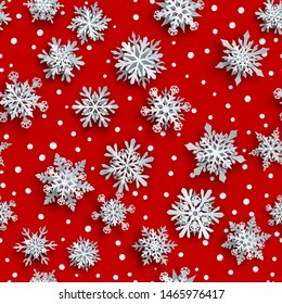 Christmas seamless pattern of white complex paper snowflakes with soft shadows on red background