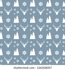 Christmas seamless pattern with white deers, houses, fir trees, snowflakes and stars on blue background. Vector illustration. 