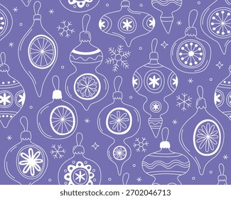Navidades sin patrón, ilustraciones de contorno de doodle blanco de juguetes de Navidades vintage sobre fondo azul. Diseño para el papel de embalaje festivo, textil, impresión.