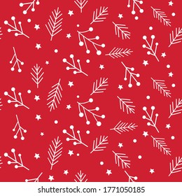 Christmas seamless pattern with white fir twigs, berries, spruce tree, stars and drops on the red background, vector retro style