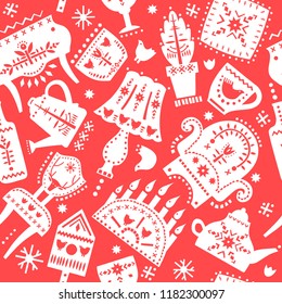 Christmas seamless pattern with white furniture silhouettes on a red background.