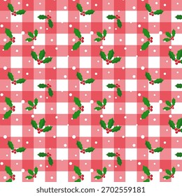 Christmas seamless pattern.Red and white gingham with holly berry leaves and snow repeat pattern.
