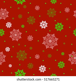 Christmas seamless pattern with white and green snowflakes. Vector illustration.