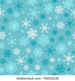 Christmas seamless pattern with white and green snowflakes on turquoise background