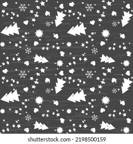 Christmas seamless pattern with white hearts, fir trees, snowflakes, stars, snowfall scattered randomly on a grunge gray background. Festive beautiful new year design