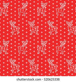 Christmas seamless pattern with white lace deer and net on red background