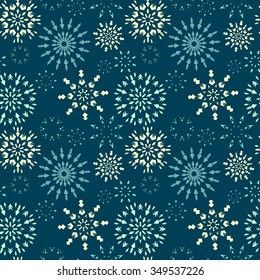Christmas seamless pattern. White, light snowflakes on blue background. Winter theme retro texture. Snow at night. Vector illustration