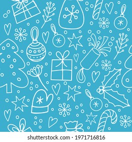 Christmas seamless pattern, white on a blue background, the elements are hand-drawn in the style of doodle. Gifts, snowflakes, Christmas decorations