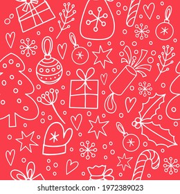 Christmas seamless pattern, white on a red background, the elements are hand-drawn in the style of doodle. Gifts, snowflakes, Christmas decorations