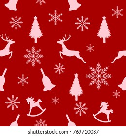 Christmas seamless pattern, white outlines of Christmas tree, deer, Christmas bell, rocking horse and snowflakes on red background. Vector illustration