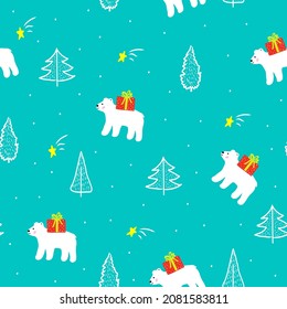 Weihnachtsnahtloses Muster mit weißem Eisbär, Geschenkbox, Winterdruck für Packpapier, Musterfüllungen, Innen- und Titeldesign, Webseitenhintergrund, Weihnachten- und Neujahrskarten.