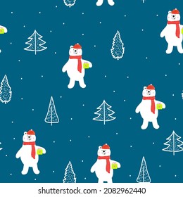 Christmas seamless pattern with white polar bear delivering giftbox,winter print for wrapping paper,pattern fills,interior and cover design,web page background, Christmas and New Year greeting cards.