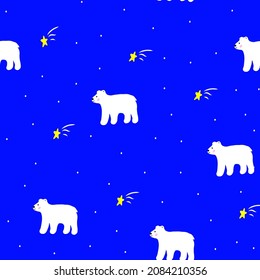 Weihnachtsnahtloses Muster mit weißem Eisbär, Sterne und Punkte, Winterdruck für Wickelpapier, Musterfüllungen, Inneneinrichtung und Deckendesign, Webseitenhintergrund, Kinder- und Babygewebe, Kinderdekoration. 