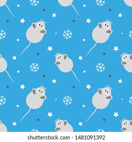 Christmas seamless pattern, white rats and snowflakes on a blue background. Festive design for Christmas and New Years fashion prints 