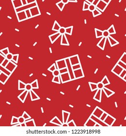 Christmas seamless pattern in white and red traditional colors. Simple clean monoline illustrations. Wrapping paper design or fabric textile holidays idea. Presents, gifts and ribbons decoration.
