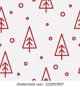 Christmas seamless pattern in white and red traditional colors. Simple clean monoline illustrations. Wrapping paper design or fabric textile holidays idea. Christmas tree and snow flakes decoration
