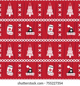 Christmas seamless pattern, white and red color, christmas design elements  fir, sock and beanie