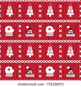 Christmas seamless pattern, white and red color, christmas design elements  fir, mittens and beanie