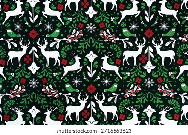 Navidades sin patrón con renos blancos, copos de nieve y bayas festivas sobre fondo negro. Ilustración de vacaciones de invierno de estilo de arte Folk para envolver papel y textiles.