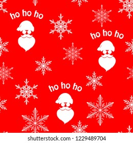 Christmas seamless pattern with white Santa Claus silhouette and snowflakes on red background. Abstract snowflakes and Santa seamless pattern