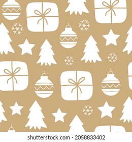 Christmas seamless pattern of white silhouette new year elements on brown kraft paper. Modern hand drawn vector illustration 