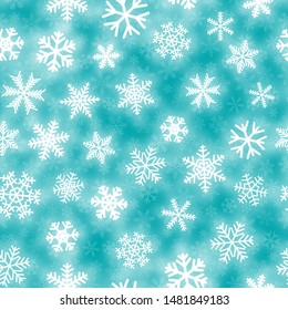 Christmas seamless pattern of white snowflakes of different shapes on turquoise background