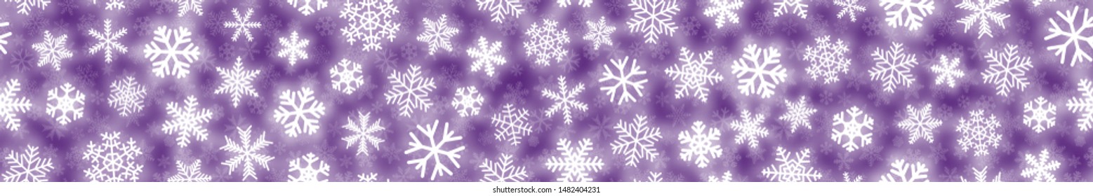 Christmas seamless pattern of white snowflakes of different shapes on purple background