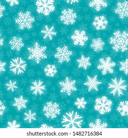 Christmas seamless pattern of white snowflakes of different shapes on turquoise background