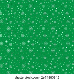 Navidades sin patrón con copos de nieve blancos aislados sobre fondo verde. Invierno, patrón de repetición de año nuevo. Fondo de pantalla de ilustración abstracta gráfica de Vector.