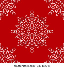 Christmas seamless pattern from white snowflakes on red background. Vector illustration
