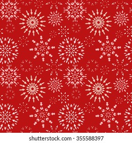 Christmas seamless pattern. White snowflakes on red background. Winter theme retro texture. Vector