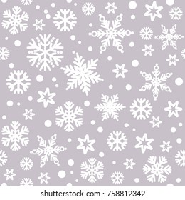 Christmas seamless pattern with white snowflakes falling on pearly gray bakground. Vector illustration.