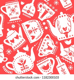 Christmas seamless pattern with white teapot silhouettes on a red background.
