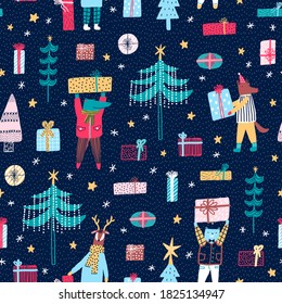 Christmas seamless pattern. Winter background. Cute animals with gifts.