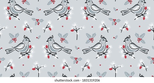 Christmas Seamless Pattern with Winter Birds, Pine Branches, Leaves and Holly Berries. Vector Background for Winter Holidays, Christmas and New Year Design
