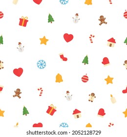 Christmas seamless pattern. Winter colorful toys collection. New Year symbols wallpaper. Vector illustration isolated on white backdrop.