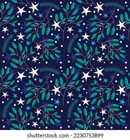 Navidad sin fisuras con elementos florales acogedores de invierno sobre un fondo oscuro. Ilustración vectorial floral plana. Fondo vectorial floral impecable.