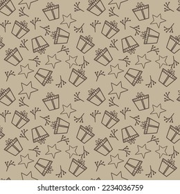 Christmas seamless pattern with winter cozy elements on a colored background. Flat floral vector illustration. Seamless Christmas vector background.