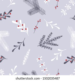 Christmas seamless pattern with winter decorative branch, berries, plants and flowers 