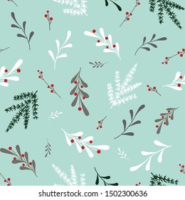 Christmas seamless pattern with winter decorative branch, berries, plants and flowers 
