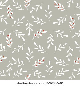 Christmas seamless pattern with winter decorative branch, berries and plants in scandinavian colors. Vector illustration.