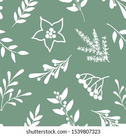 Christmas seamless pattern with winter decorative branch, berries and plants in scandinavian colors. Vector illustration.