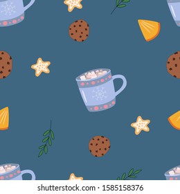 Christmas seamless pattern with winter drinks, cookies, oranges and gingerbread