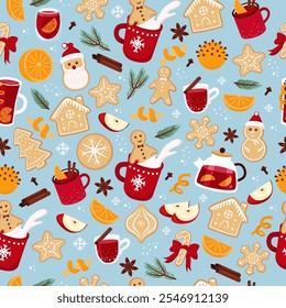 Christmas seamless pattern. Winter drinks and gingerbread cookies. Vector background for wrapping paper, packaging, fabric. 