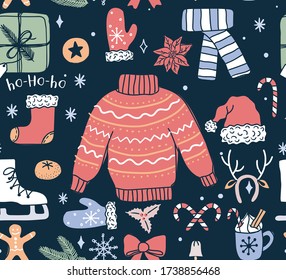 Christmas seamless pattern with winter elements vector illustration. Knitted sweater, gloves, scarf and lollipop endless texture flat style. Winter holidays concept. Isolated on dark background