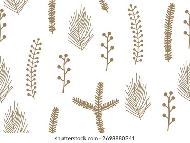 Christmas seamless pattern with winter evergreen plants. Seamless gold Christmas plants