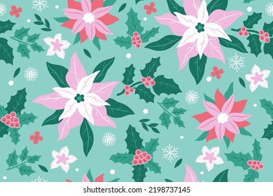 Christmas seamless pattern with winter flora and snowflakes. Vector graphics.